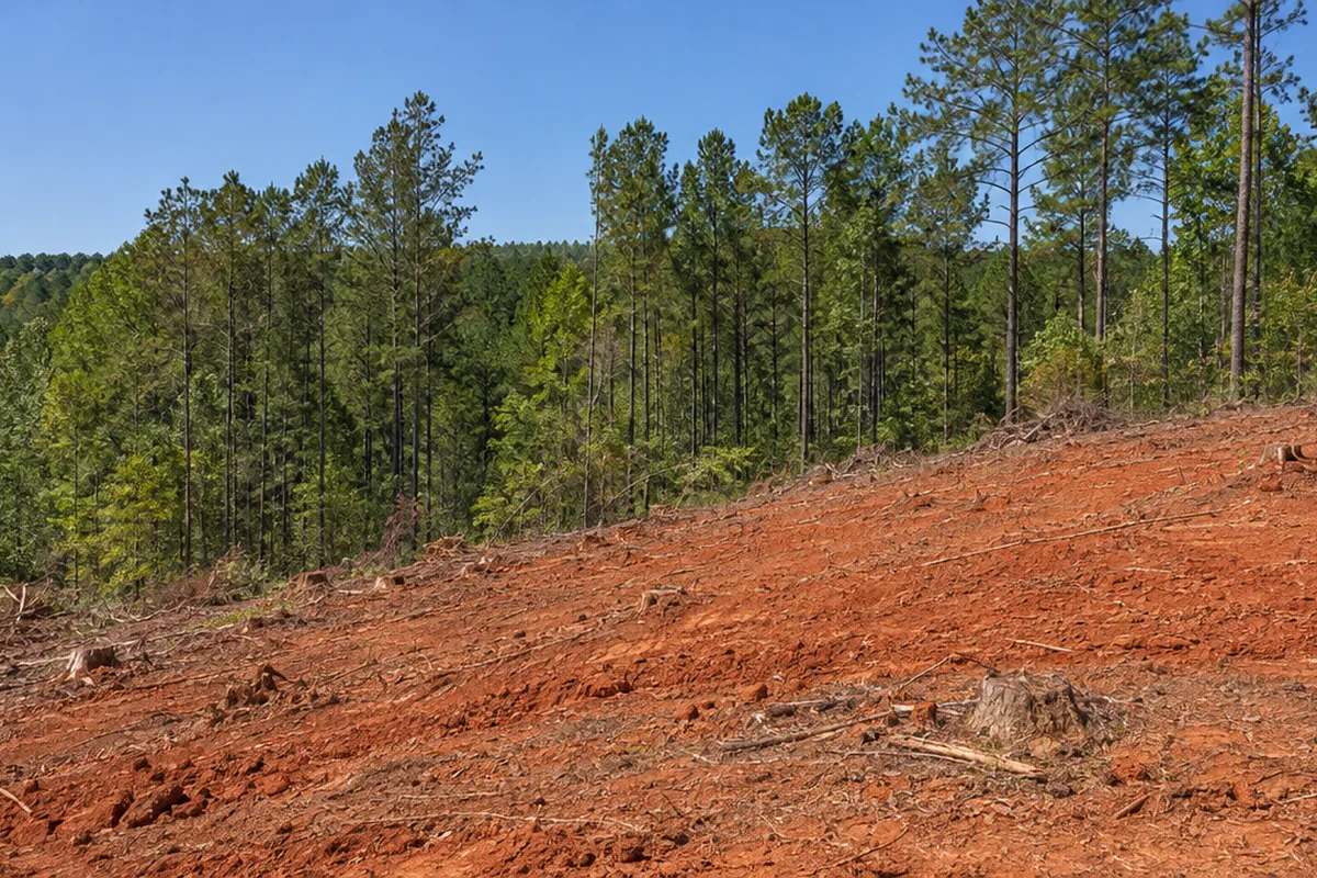 AI-generated scene of a red clay slope below standing pine timber, like rural Jackson County ground near Jefferson