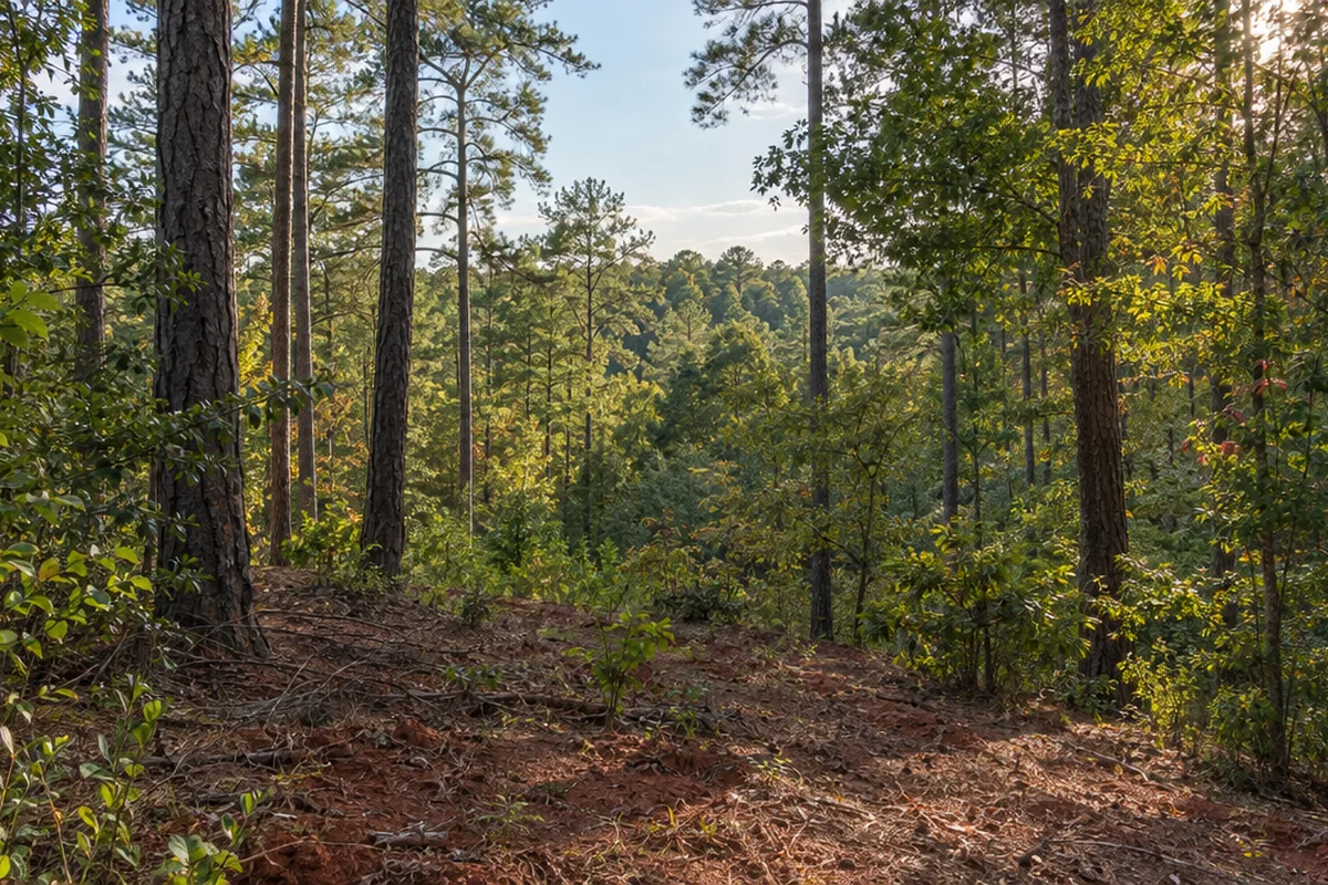 AI-generated scene of a wooded Piedmont lot with red clay and loblolly pines, the kind of ground found around Winder