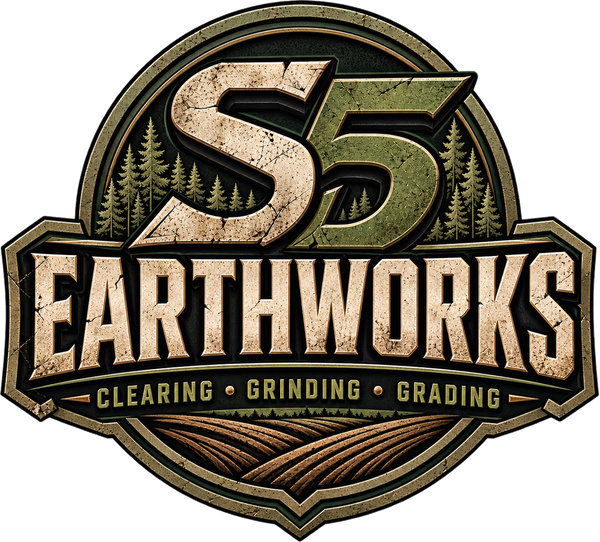 S5 Earthworks badge: clearing, grinding, grading, with pine trees over plowed ground